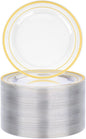 BESTVIP 100PCS 7 Inch Clear Plastic Dessert Plates, Disposable Salad Plate with Gold Rim, Heavy Duty Plastic Small Cakes Plates for Party, Wedding and Birthday, Christmas, Thanksgiving, Events