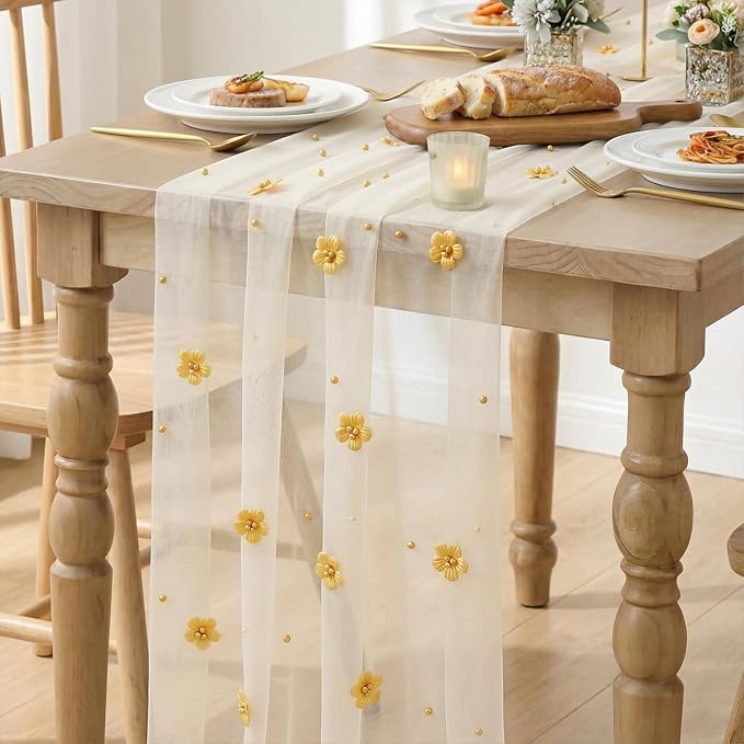 Artoid Mode Yellow Flower Pearl White Gauze Table Runner 10FT 6PC, Seasonal - Image 6