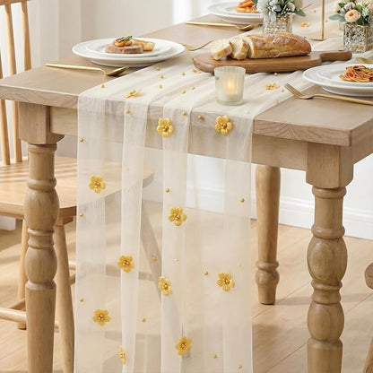 Artoid Mode Yellow Flower Pearl White Gauze Table Runner 10FT 6PC, Seasonal - Image 6