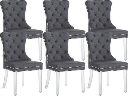 KCC Velvet Dining Chairs Set of 6, Upholstered Tufted Wingback Dining Room Chair with Nailhead Back Ring Pull Trim Solid Acrylic Legs, Contemporary Nikki Collection Style for Kitchen, Grey