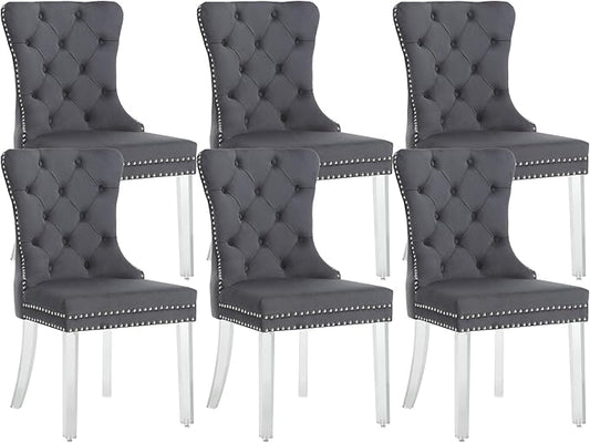 KCC Velvet Dining Chairs Set of 6, Upholstered Tufted Wingback Dining Room Chair with Nailhead Back Ring Pull Trim Solid Acrylic Legs, Contemporary Nikki Collection Style for Kitchen, Grey