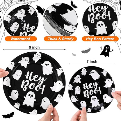 48 Pcs Halloween Hey Boo Paper Plates Set Include 9 Inch Ghost Disposable Dinner Plates 7 Inch Scary Dessert Plate Tableware for Halloween Birthday Party Supplies