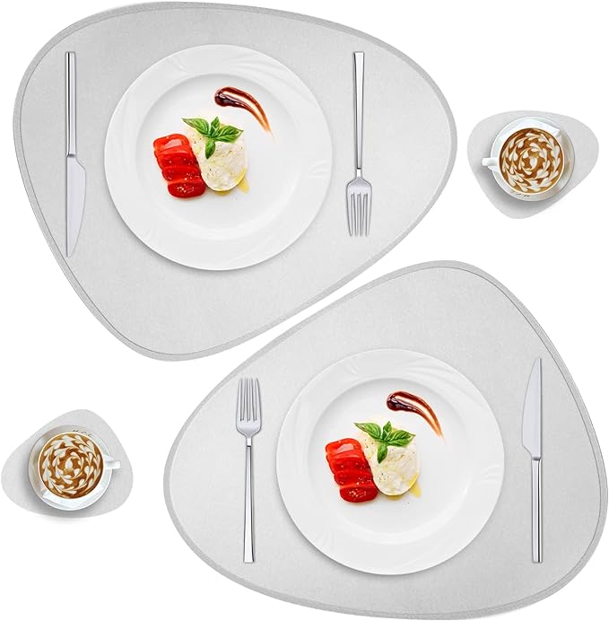Faux Leather Placemats Set of 2 and Coasters, Heat Resistant Placemats for Round Table, Waterproof Wipeable Washable Dinner Table Mats, Easy to Clean Place Mats Nordic Style, Silver