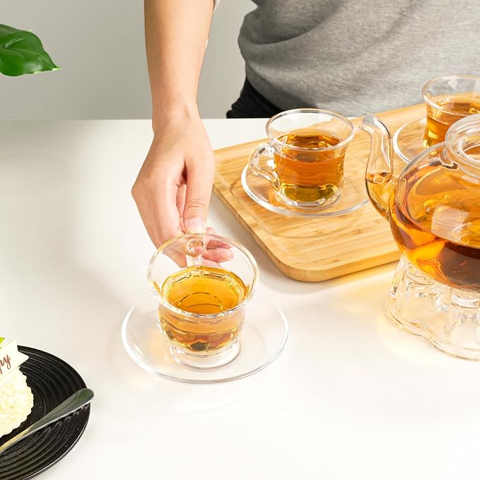 Glass Tea Cups and Saucers Set of 6, Dishwasher & Microwave Safe Teacups - Image 3
