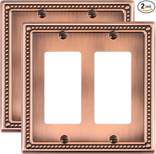 2-Pack Double Decorator Outlet Cover Plate, Antique Copper Pearls Decorative Switch Plates and Outlet Covers, Metal Wall Plates for Electrical Outlets, Receptacle, GFCI Outlet, Dimmer Switch