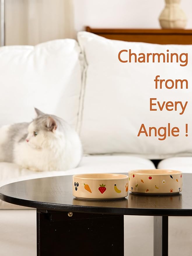 Ceramic Dog and Cat Bowl Set of 2 with Weighted Non-Slip Ring - 1.6 Cups, Stoneware Food and Water Set, Pet Feeding, Microwave and Dishwasher Safe-NomNom-S 2pcs