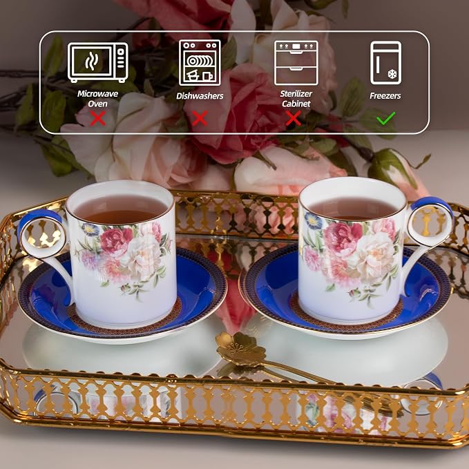 KAMMAK Tea Cups and Saucers Set of 2, Porcelain Coffee Cups, JBE015 | Stackable - Image 3