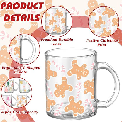 Tioncy 4 Pcs Christmas Coffee Mugs 12 oz Christmas Glass Cups - Image 3
