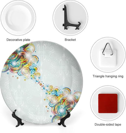 Ceramic Display Plate, Abstract Ceramic Hanging Decorative Plate, Modern Design Rainbow Waves Circles Patterned, 8 Inch, Household Custom Ceramic Plate, Multicolor