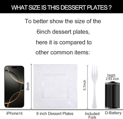 DaYammi 200Pcs Dessert Plates Set Including:100Pcs Cake Plates 6" with 100Pcs Silver Forks 5.7"- Silver Glitter Disposable Square Plate,Appetizer Plates and Forks Combo Bulk Set for Party Wedding