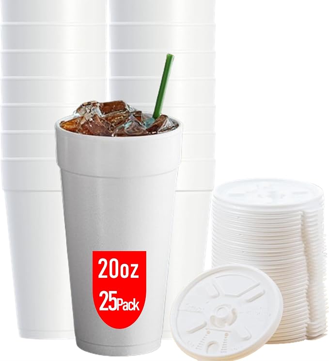 20 OZ Foam Cups With Lids for Hot & Cold Drinks, USA-Made 25-Pack. Ideal by MrMiracle