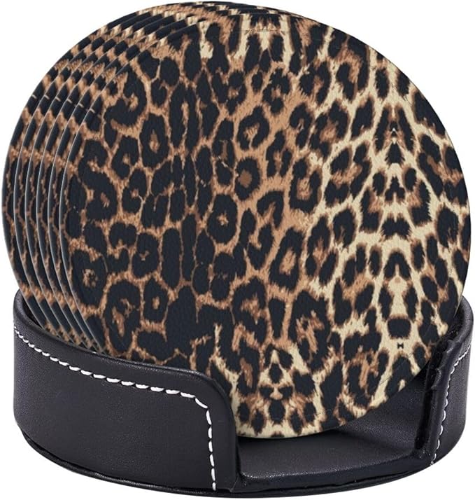 Brown and Black Leopard Texture Spots Premium Leather Coasters - Image 4