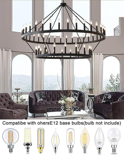 60 Inch Large Black Wagon Wheel Chandelier,2 Tier 54-Lights Farmhouse Industrial Country Style Round Pendant Light Fixture for Outdoor Porch high Ceilings Living Dining Room Foyer Entryway