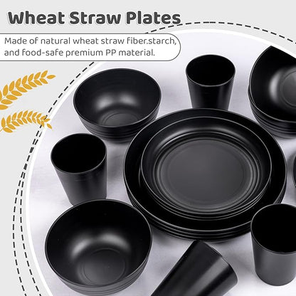 LIYH 16 Pcs Black Wheat Straw Dinnerware Set - Unbreakable Plates and Bowls Sets, Dish Sets for 4, Black Plastic Dinnerware Set Include Wheat Straw Dinner Plates Bowls Cups Kitchen & Camping