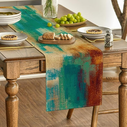 Artoid Mode Brown Blue Abstract Modern Art Table Runner, Seasonal Farmhouse - Image 3