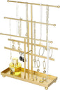 MyGift 5-Tier Gold Metal Jewelry Organizer Stand with Earring Hooks & Ring Tray - T-Bar for Tangle-Free Necklace Bracelet Display - Home Store Boutique (16.25" H)