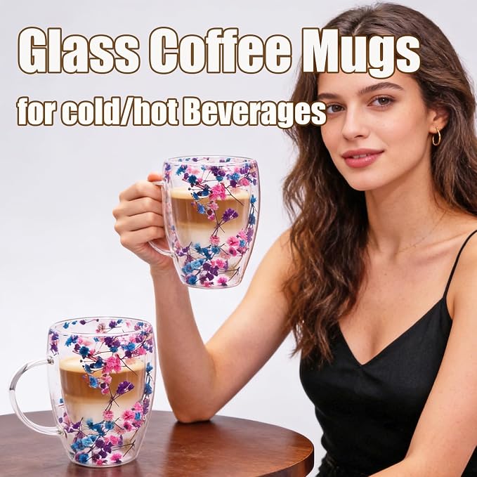Viovian 13oz Double Wall Glass Coffee Mugs Set of 2 Insulated Glass Coffee Cups - Image 6