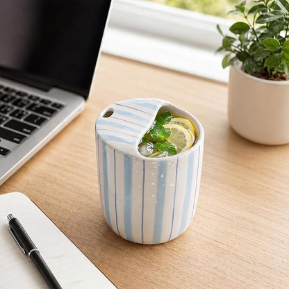 Ceramic Mug with Sip Hole 10 oz Light Blue Striped Ceramic Coffee Mug Hand - Image 5
