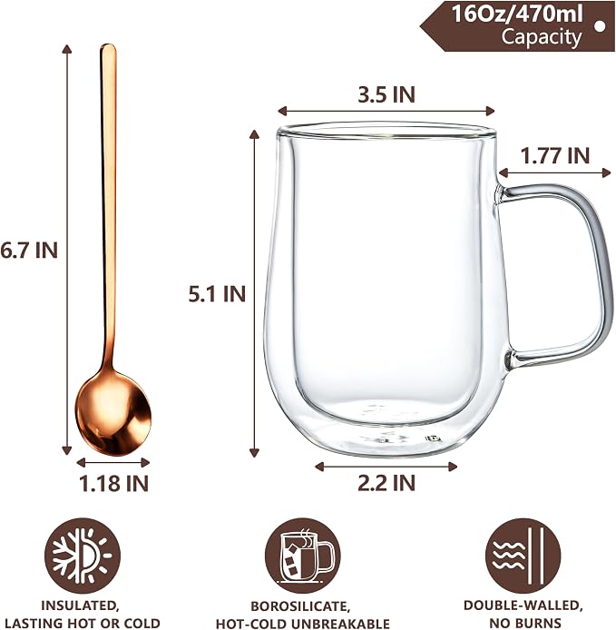 Double Walled Glass Coffee Mugs 16 OZ, Borosilicate Glass Coffee Cups Set of 4 - Image 2