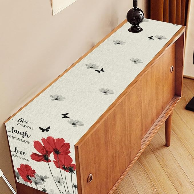 Red Daisy Table Runner, Boho Farmhouse Spring Summer Floral Flower Butterfly - Image 2