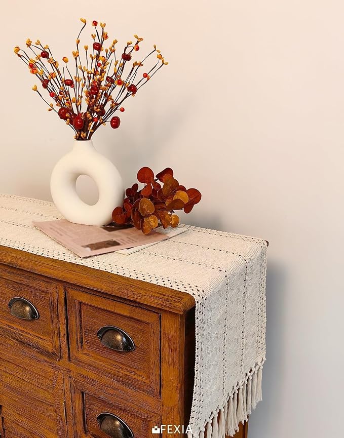 Boho Table Runner with Tassels White - Image 7