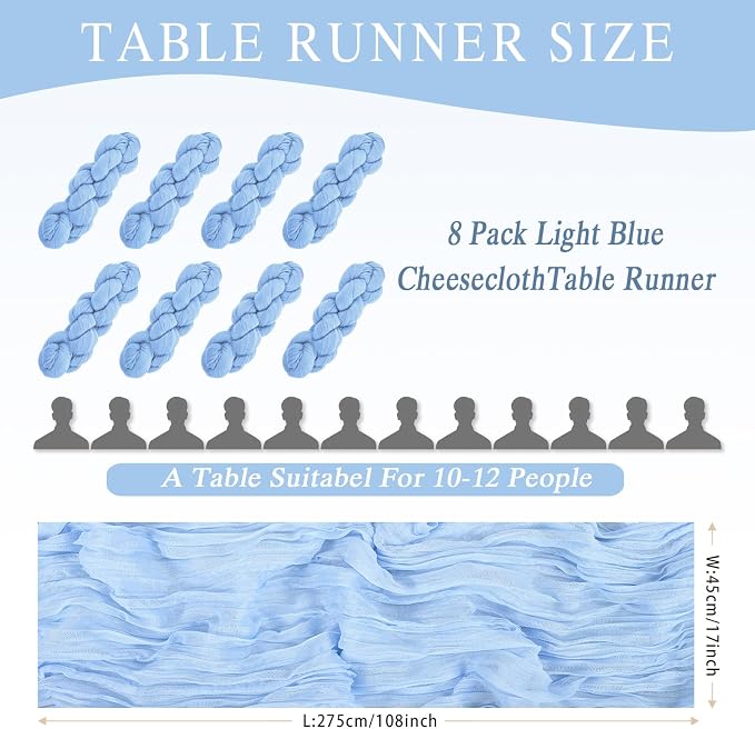 8 Pack LightBlue Cheesecloth Table Runner 17x108 inch Boho Gauze Cheese Cloth - Image 3