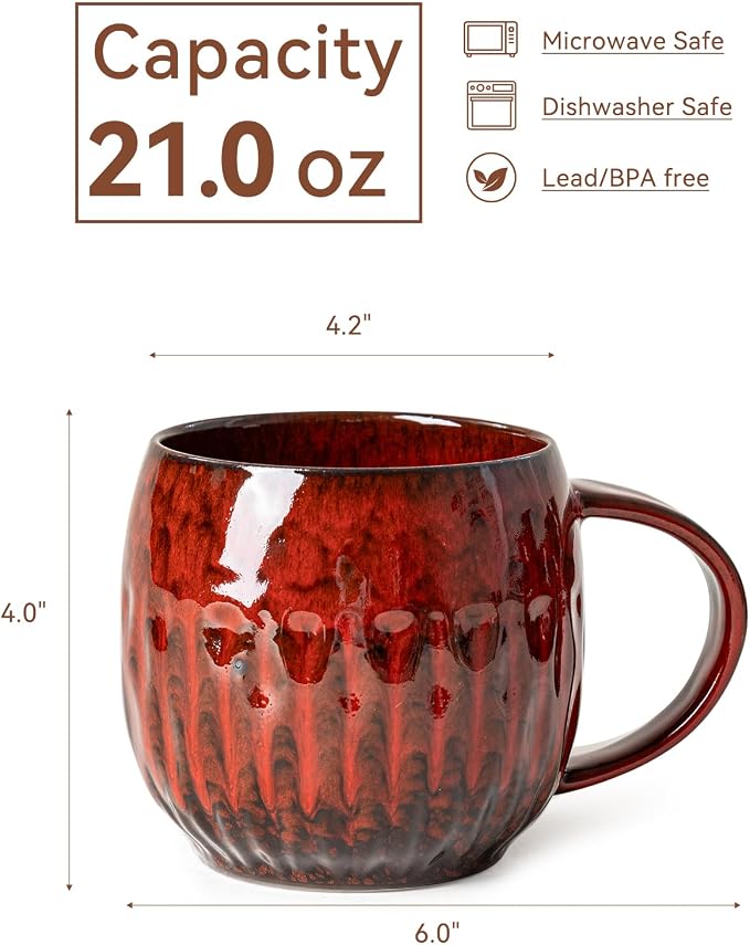 Crimson Surge Ceramic Coffee Mug - 21 oz Unique Reactive Glaze Coffee Cup - Image 8