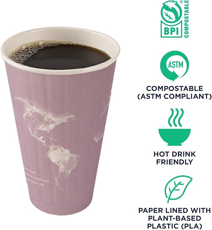 ECO PRODUCTS Compostable Disposable Insulated World Art 16oz Large Coffee Cups - Image 4