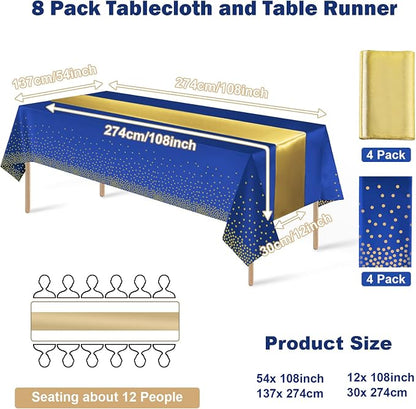 8Pack Disposable Plastic Tablecloths and Satin Table Runner Set Blue and Gold - Image 2