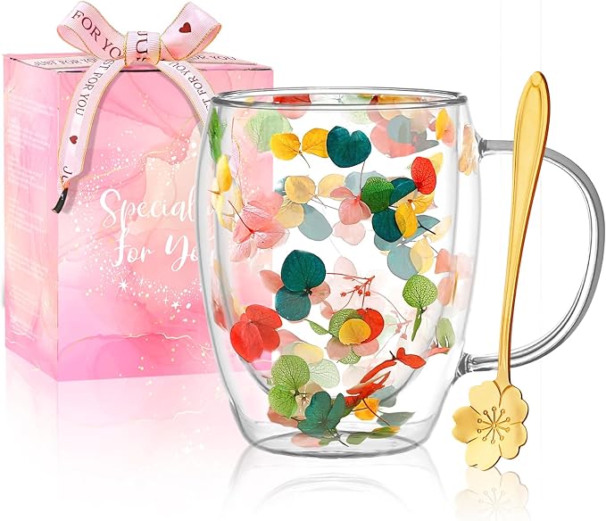 Gifts for Women Dried Flowers Double Wall Glass Coffee Mugs Cute Glass Tea Cups by Yalucky