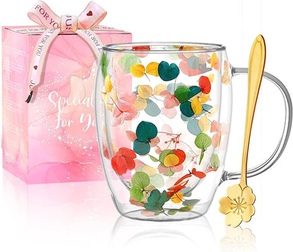 Gifts for Women Dried Flowers Double Wall Glass Coffee Mugs Cute Glass Tea Cups by Yalucky