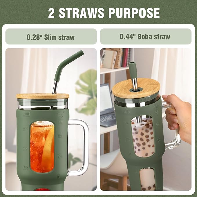 WINSA Glass Tumbler with Lid and Straw, 46 oz, Olive | Iced Coffee Cup with - Image 2
