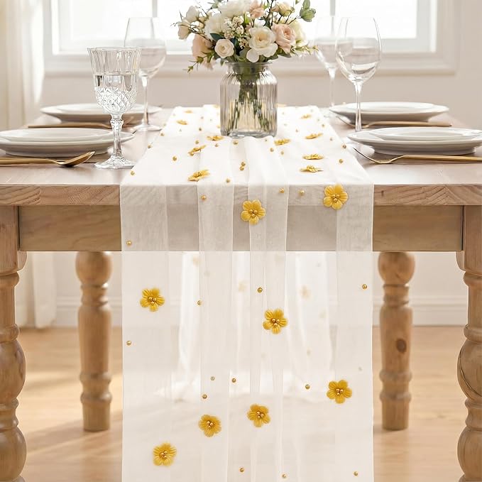 Artoid Mode Yellow Flower Pearl White Gauze Table Runner 10FT 6PC, Seasonal - Image 2