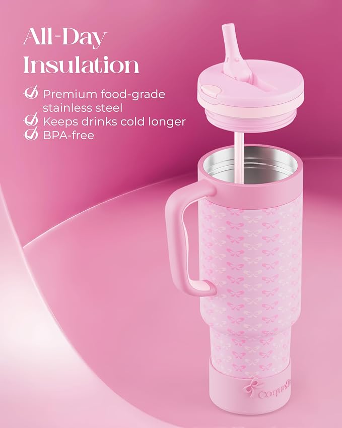 40 oz Insulated Tumbler with Handle and Push-Button Straw Lid, Stainless Steel - Image 4