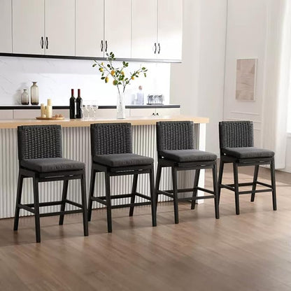 Carbon Black Bar Stools Set of 2, 27.3 Inch Counter Height Stools Upholstered Linen Armless Bar Chairs with Woven Rope Backrest Wooden Legs for Kitchen Island Dining Room