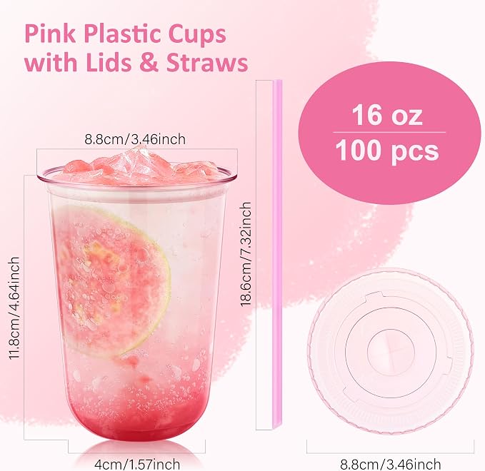 tchrules 100 Set 16oz Pink Round Bottom Plastic Cups - Image 2