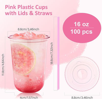 tchrules 100 Set 16oz Pink Round Bottom Plastic Cups - Image 2