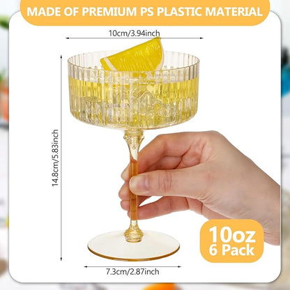 6 Pcs Ribbed Martini Glasses 10 oz Disposable Plastic Vintage Ribbed Coupe Glasses Unbreakable Dessert Parfait Glassware for Wedding Birthday Party Supplies (Gold)