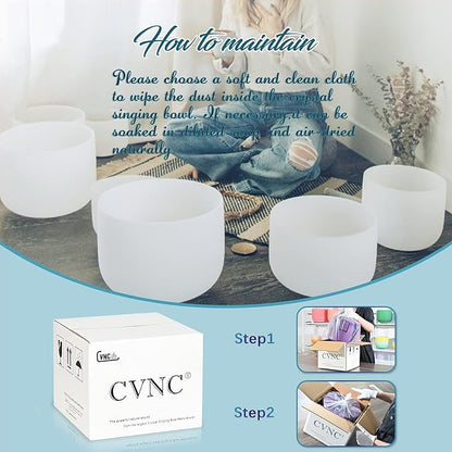 440HZ 8 Inch F Note Heart Chakra Frosted Quartz Crystal Singing Bowl Meditation Therapy Sound Healing Instrument Sound Bath Bowl with Carrying Bag Mallet and O-ring
