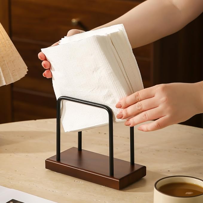 Napkin Holder with Wooden Base and Black Metal Frame, Modern Style - Image 4