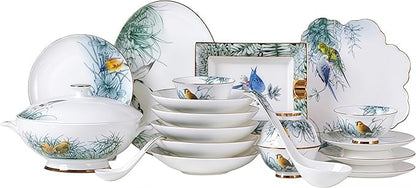51 Pcs Fine Bone China Dinnerware Set,Porcelain&Ceramic Dinnerware Sets,Bone Stoneware & Ceramic Cookware Tableware Set Includes Dinner Plates|Spoons|Pasta Bowls|Soup Pot|Chopsticks