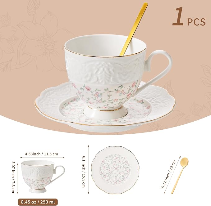 TATSUMI Interglio Embossed Bone China Tea Cup and Saucer Set, 3 Pieces Vintage - Image 2