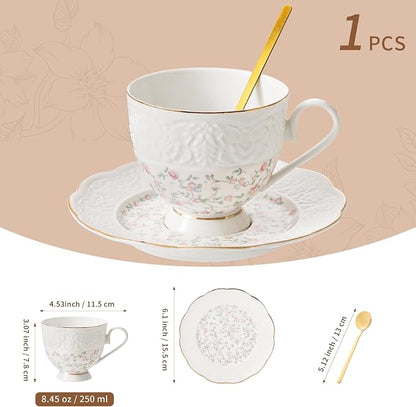 TATSUMI Interglio Embossed Bone China Tea Cup and Saucer Set, 3 Pieces Vintage - Image 2
