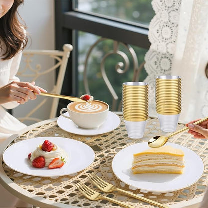 bUCLA 150PCS White and Gold Plastic Plates Disposable - 25 Guests Gold Dinnerware Set - Include 25 Each (Dinner & Dessert) Plates, 25 Knives, 25 Forks, 25 Spoons & 25 Cups for Party