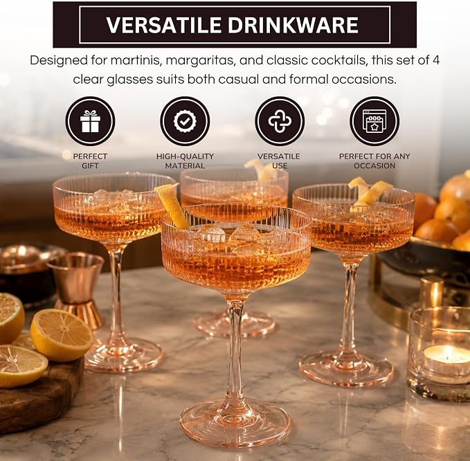 Khen Pink Peach Acrylic Ribbed Coupe Martini Champagne Cocktail Glasses - Image 4