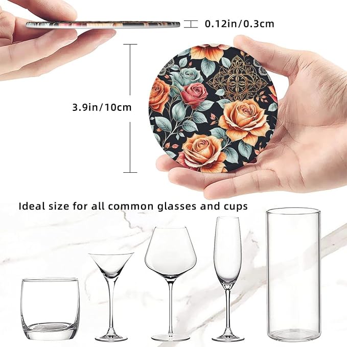 Drink Coasters with Holder Stand Set of 6, Roses Flower Vintage Pu Leather - Image 3