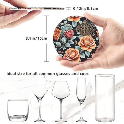 Drink Coasters with Holder Stand Set of 6, Roses Flower Vintage Pu Leather - Image 3
