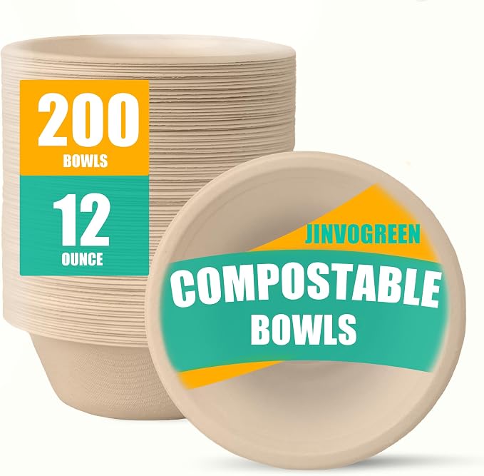 JINVOGREEN 200 Count 12 oz Paper Bowls, Disposable Compostable Bowls Bulk by JINVOGREEN