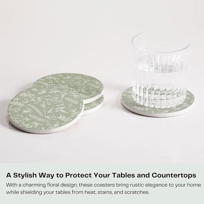 Set of 6 Floral Sage Green Coasters - Image 2