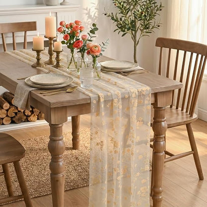 Artoid Mode Beige Gauze Flocking Flowers Table Runner 10FT, Seasonal Sheer - Image 4